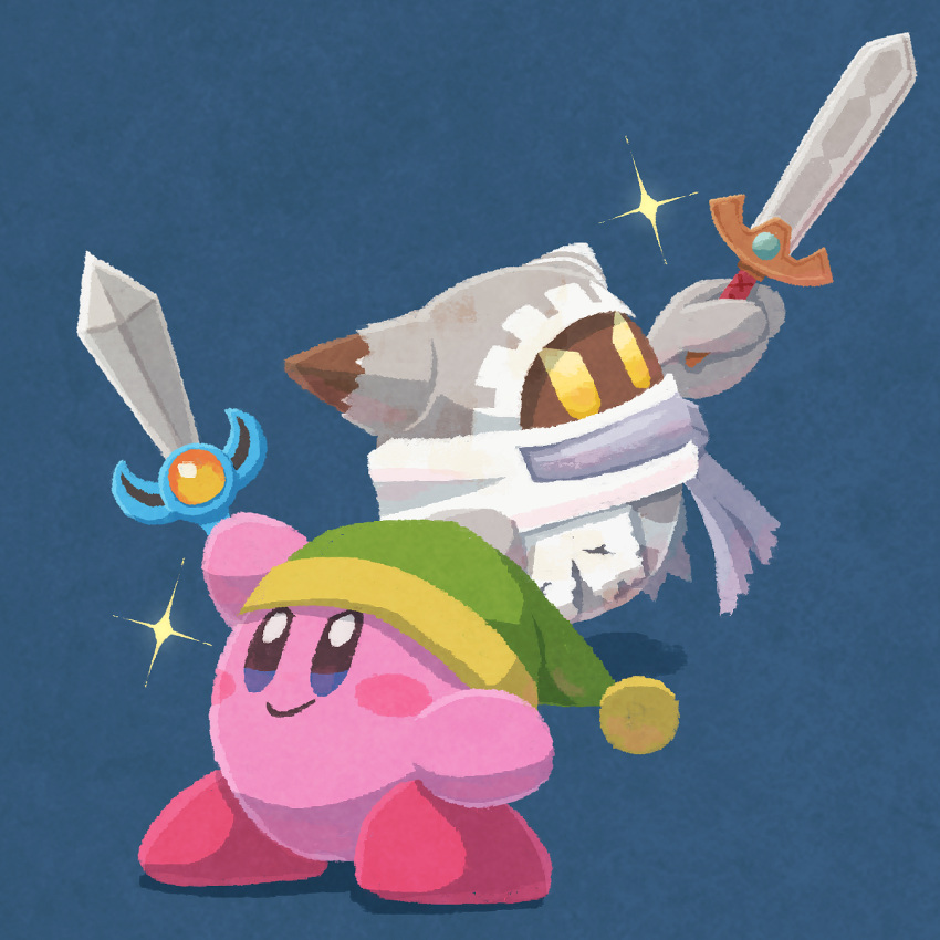 blue_background colored_skin gloves green_headwear highres holding holding_sword holding_weapon kirby kirby's_return_to_dream_land kirby_(series) magolor miclot no_humans pink_skin simple_background smile solid_oval_eyes sparkle sword torn_clothes weapon yellow_eyes