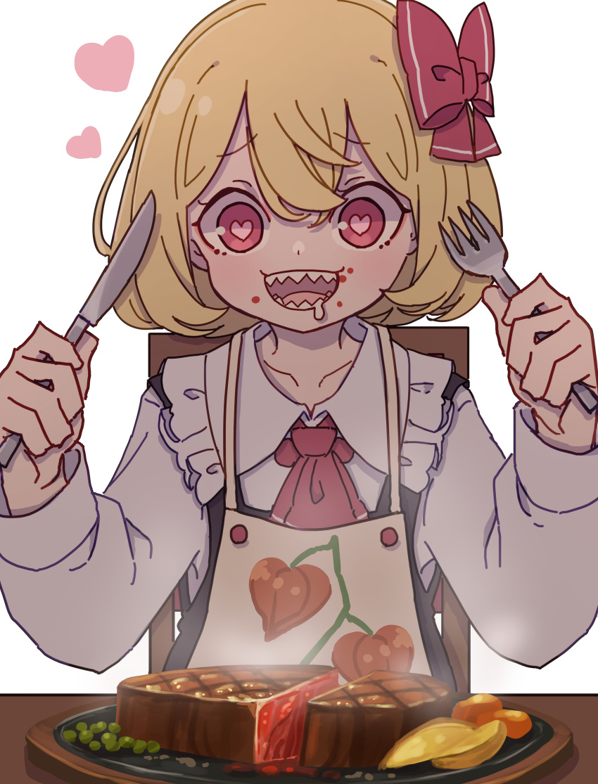 1girl absurdres ascot bangs black_vest blonde_hair collarbone collared_shirt commentary drooling food fork frilled_shirt_collar frills hair_between_eyes hair_ribbon heart highres holding holding_fork holding_knife kame_(kamepan44231) knife long_sleeves meat one-hour_drawing_challenge open_mouth red_ascot red_eyes red_ribbon ribbon rumia sharp_teeth shirt short_hair simple_background sitting smile solo steak teeth touhou upper_body vest white_background white_shirt