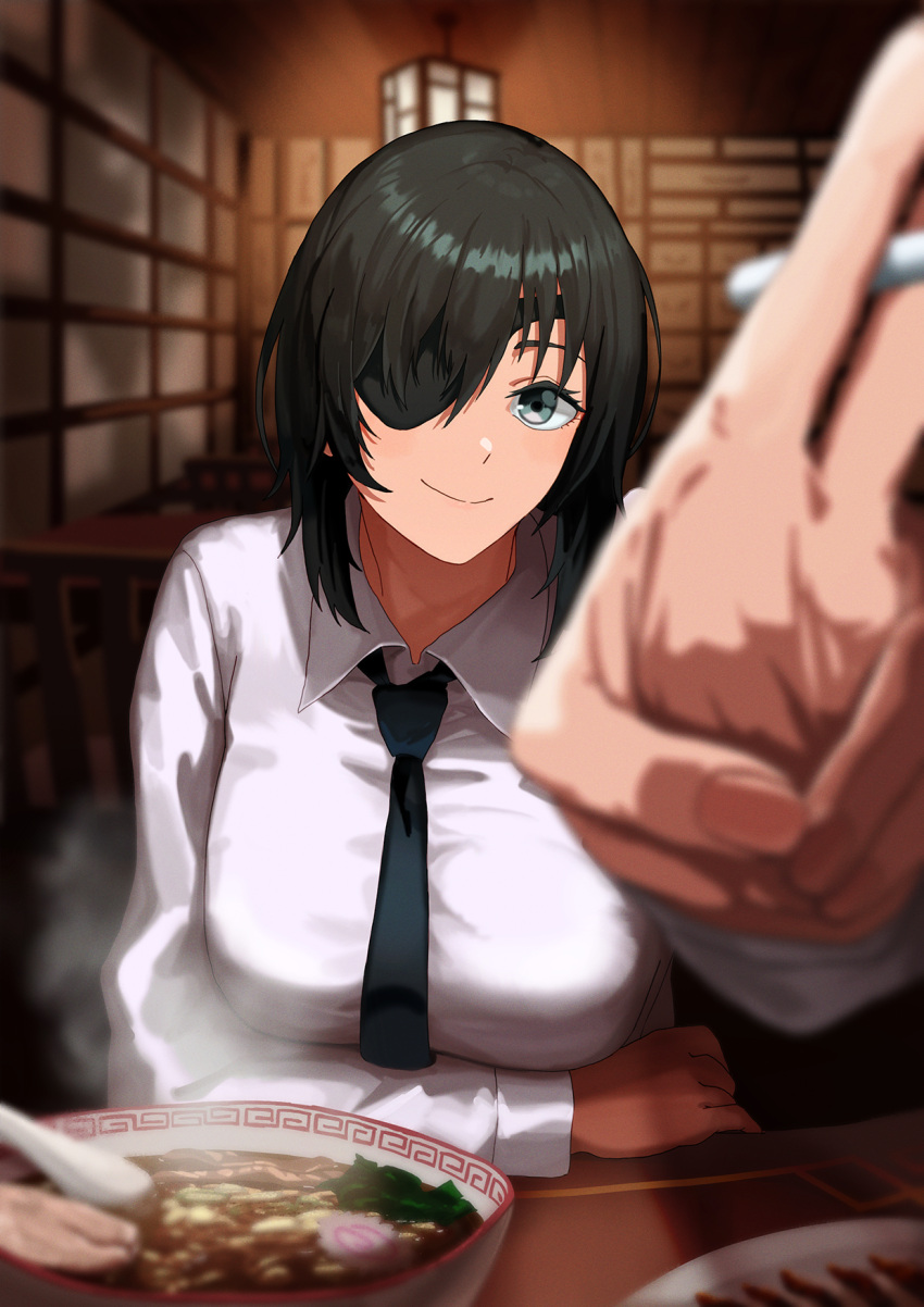 1girl arm_rest arm_under_breasts between_fingers black_hair black_necktie blurry bowl breasts chainsaw_man cigarette closed_mouth collared_shirt depth_of_field eyepatch food grey_eyes hand_up highres himeno_(chainsaw_man) holding holding_cigarette incoming_cigarette large_breasts looking_at_viewer mandei_(nao_1234567) necktie noodles outstretched_arm pov pov_across_table ramen restaurant shirt short_hair smile solo steam white_shirt