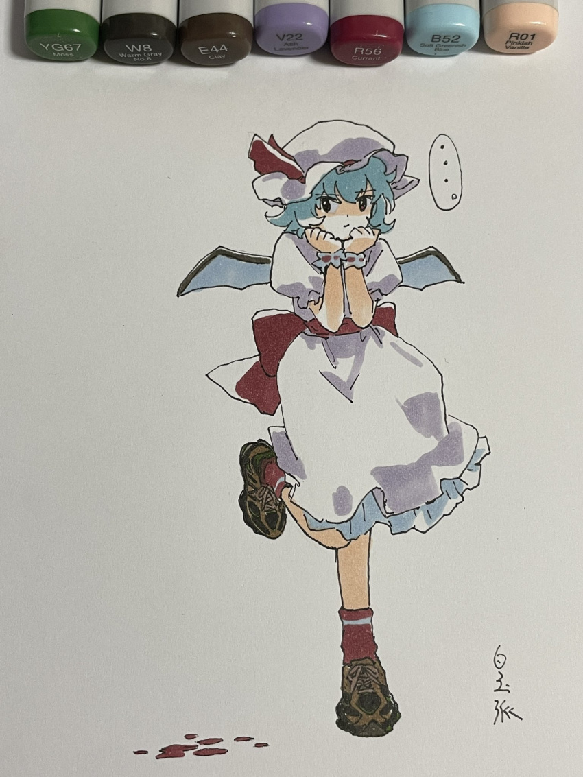 ... 1girl alternate_footwear ambiguous_red_liquid bat_wings blue_hair bow brown_footwear closed_mouth commentary_request dress full_body hat highres looking_at_viewer marker marker_(medium) mob_cap puffy_short_sleeves puffy_sleeves red_bow red_eyes red_footwear remilia_scarlet shiratama_(hockey) shoes short_hair short_sleeves sneakers socks solo spoken_ellipsis standing standing_on_one_leg touhou traditional_media wings wrist_cuffs