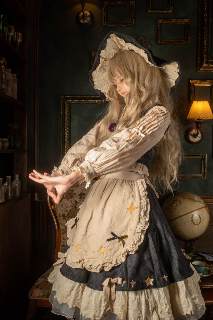 1girl absurdres ame_coo apron blonde_hair closed_eyes closed_mouth cosplay cosplay_photo feet_out_of_frame frilled_apron frilled_sleeves frills from_side globe hat highres indoors kirisame_marisa kirisame_marisa_(cosplay) long_hair long_sleeves own_hands_together petticoat photo_(medium) solo standing stretching table touhou waist_apron wall_lamp white_apron witch_hat wooden_chair wooden_table