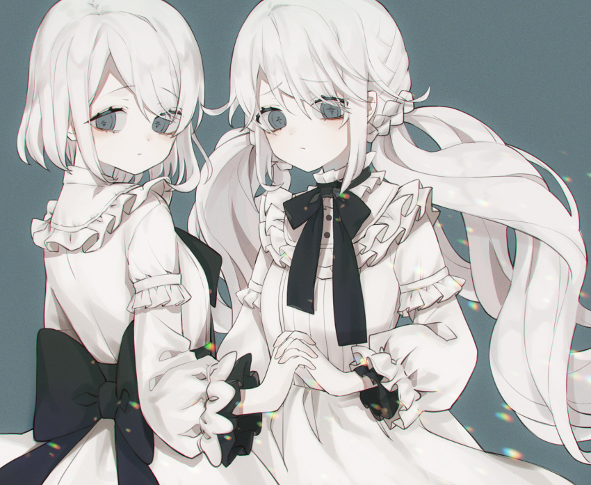 2girls bizet blue_eyes braid closed_mouth colored_skin commentary_request dress expressionless gothic gothic_lolita highres lolita_fashion long_hair low_twintails multiple_girls original short_hair siblings twins twintails very_long_hair white_skin