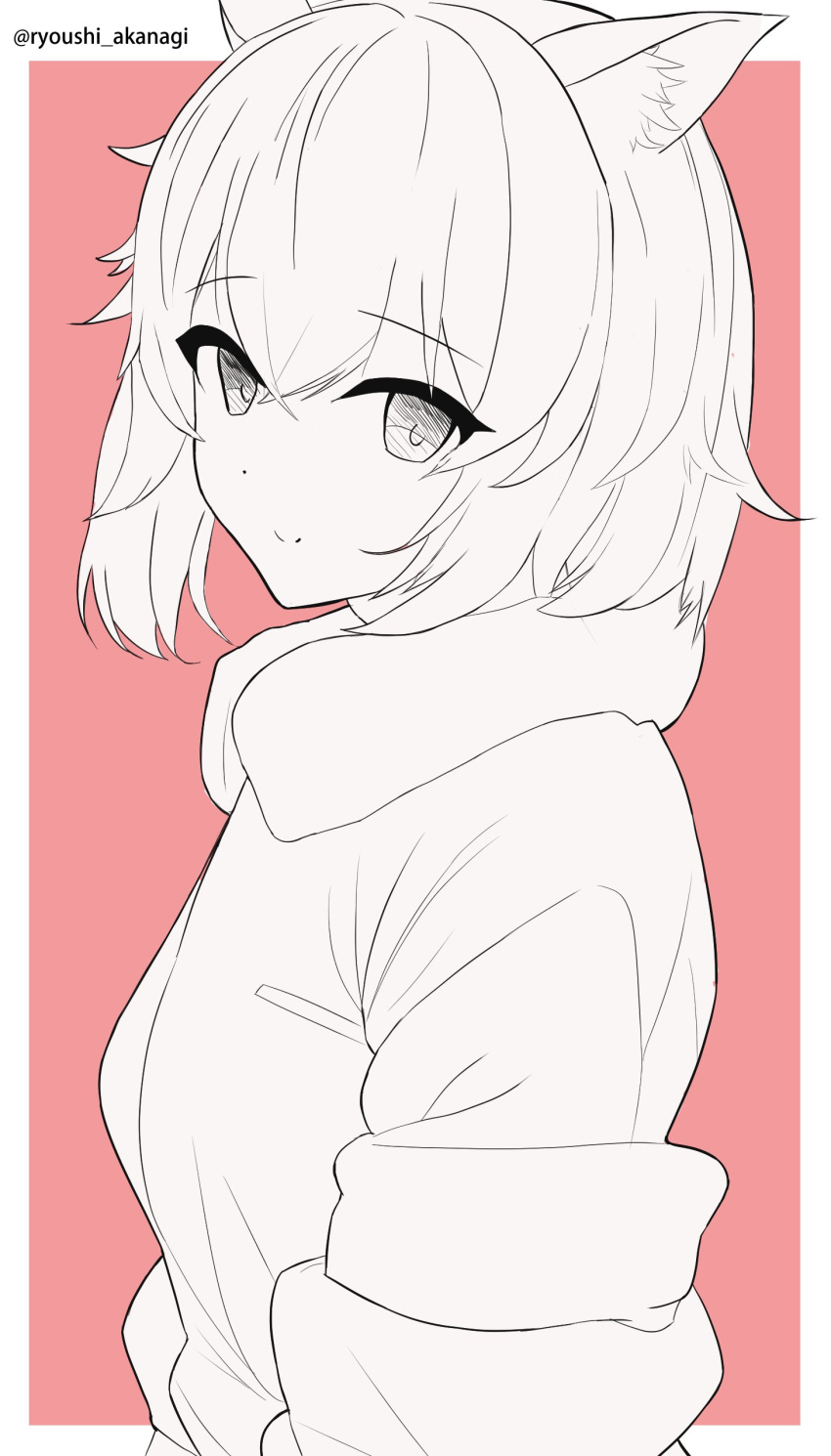1girl absurdres animal_ear_fluff animal_ears closed_mouth highres inubashiri_momiji lineart looking_at_viewer looking_to_the_side monochrome partially_colored ryoushi_akanagi short_hair smile solo touhou twitter_username upper_body white_background wolf_ears