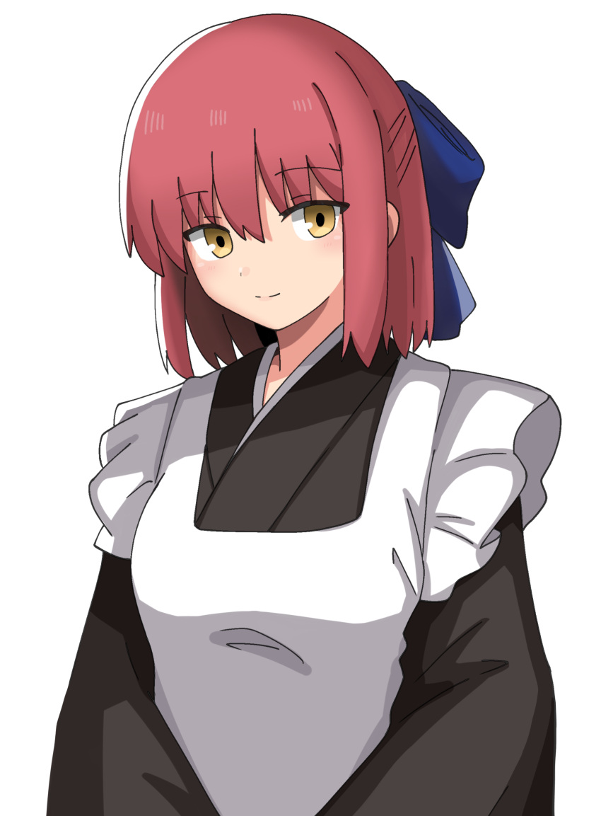 1girl absurdres apron bangs black_kimono blue_bow blush bow brown_eyes closed_mouth commentary commentary_request hair_bow half_updo highres japanese_clothes kimono kohaku_(tsukihime) looking_at_viewer maid_apron maz_515 redhead short_hair simple_background smile solo tsukihime wa_maid white_apron white_background