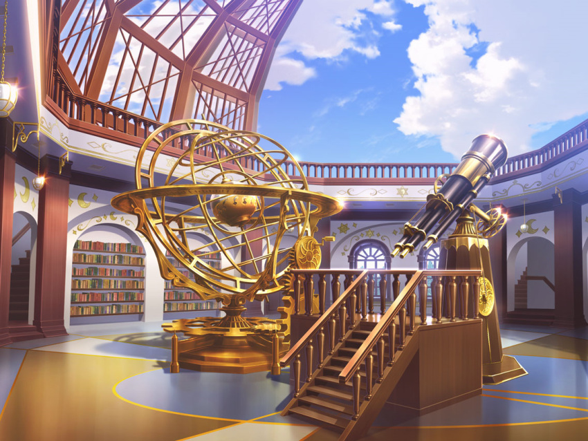 arch armillary_sphere bookshelf clouds crescent day dome game_cg gears glint hanging_light indoors no_humans observatory observatory_dome planetarium railing scenery stairs telescope third-party_source uta_no_prince-sama uta_no_prince-sama:_shining_live window