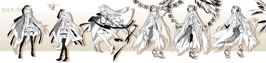 1girl absurdres animal_ears arknights arm_up arrow_(projectile) bike_shorts bike_shorts_under_shorts bird boots bow_(weapon) bug butterfly drawing_bow elite_ii_(arknights) expressionless fleeing flower from_side fy_fei_xiao_ya gradient_background heel_up high_heel_boots high_heels highres holding holding_arrow holding_bow_(weapon) holding_weapon horse_ears horse_tail jumping laurel_crown leaning_to_the_side long_hair looking_to_the_side looking_up platinum_(arknights) platinum_(shimmering_dew)_(arknights) sandals see-through shorts standing strapless tail thigh_boots tube_top undersized_object unzipped walking weapon white_background wide_image