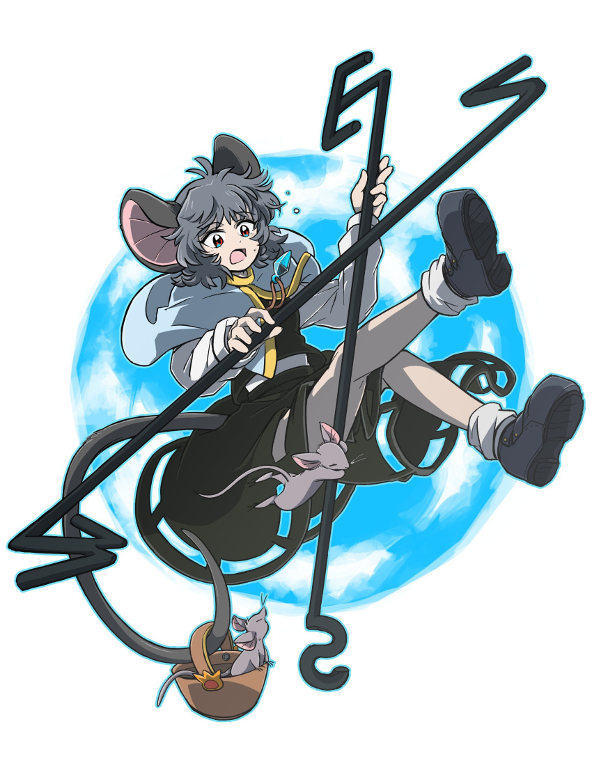 1girl absurdres animal_ear_fluff animal_ears antenna_hair bangs basket black_footwear black_skirt black_vest breasts brown_eyes capelet commentary_request crossover crystal dowsing_rod full_body grey_capelet grey_hair highres holding jewelry long_sleeves mc_pyth medium_hair mouse_ears mouse_girl mouse_tail nazrin open_mouth pendant prehensile_tail shirt shoes skirt skirt_set socks sweatdrop tail touhou vest white_shirt white_socks