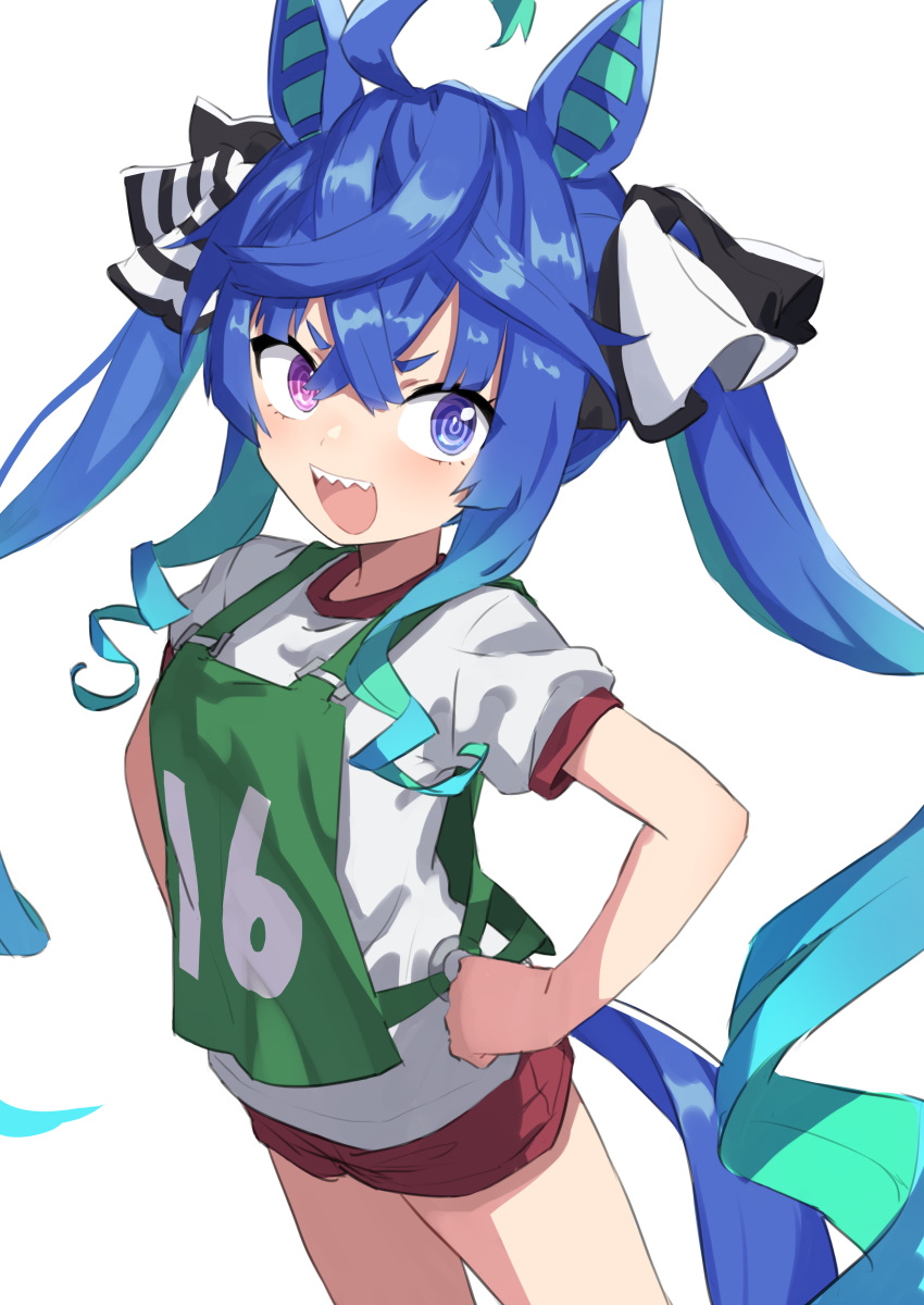 1girl :d @_@ absurdres ahoge animal_ears bangs bib blue_eyes blue_hair gazacy_(dai) gym_shirt gym_shorts gym_uniform hair_between_eyes hands_on_hips heterochromia highres horse_ears horse_girl horse_tail original_race_uniform_(umamusume) puffy_short_sleeves puffy_sleeves red_shorts sharp_teeth shirt short_eyebrows short_shorts short_sleeves shorts simple_background smile solo tail teeth thick_eyebrows twin_turbo_(umamusume) twintails umamusume v-shaped_eyebrows violet_eyes white_background white_shirt