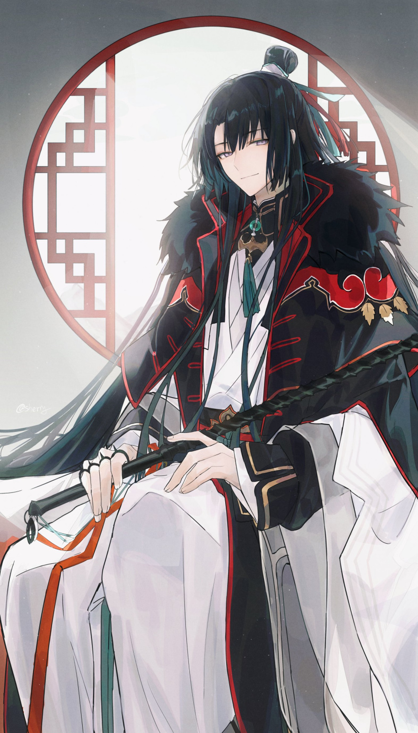 1boy absurdres bangs black_hair closed_mouth fate/grand_order fate_(series) fur_trim gradient_hair hair_between_eyes highres holding holding_weapon long_hair long_sleeves looking_at_viewer male_focus multicolored_hair sherry_0014 sitting solo tai_gong_wang_(fate) tassel topknot twitter_username very_long_hair violet_eyes weapon wide_sleeves window