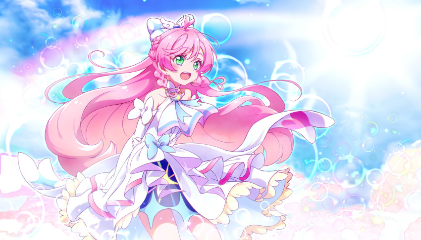 1girl ahoge bangs bow cure_prism dress elbow_gloves gloves green_eyes hair_bow heart heart_ahoge highres hirogaru_sky!_precure kyoutsuugengo long_hair magical_girl nijigaoka_mashiro open_mouth pink_hair precure smile solo swept_bangs white_dress white_gloves wing_hair_ornament