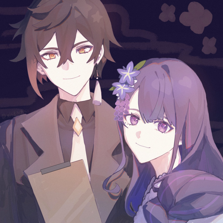 1boy 1girl bangs black_hair brown_hair closed_mouth earrings flower formal genshin_impact hair_between_eyes hair_flower hair_ornament highres jacket jewelry long_hair purple_hair suit violet_eyes xi58319554 zhongli_(genshin_impact)