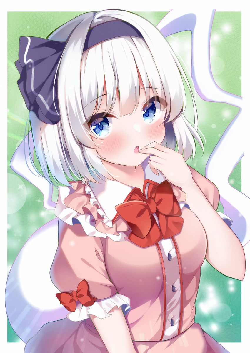 1girl :o absurdres alternate_costume bangs black_hairband blue_eyes blush border bow bowtie breasts fingers_to_mouth green_background hair_ribbon hairband hand_up highres hitodama konpaku_youmu konpaku_youmu_(ghost) looking_at_viewer medium_breasts open_mouth puffy_short_sleeves puffy_sleeves ribbon shirotsuki_shirone short_hair short_sleeves solo touhou