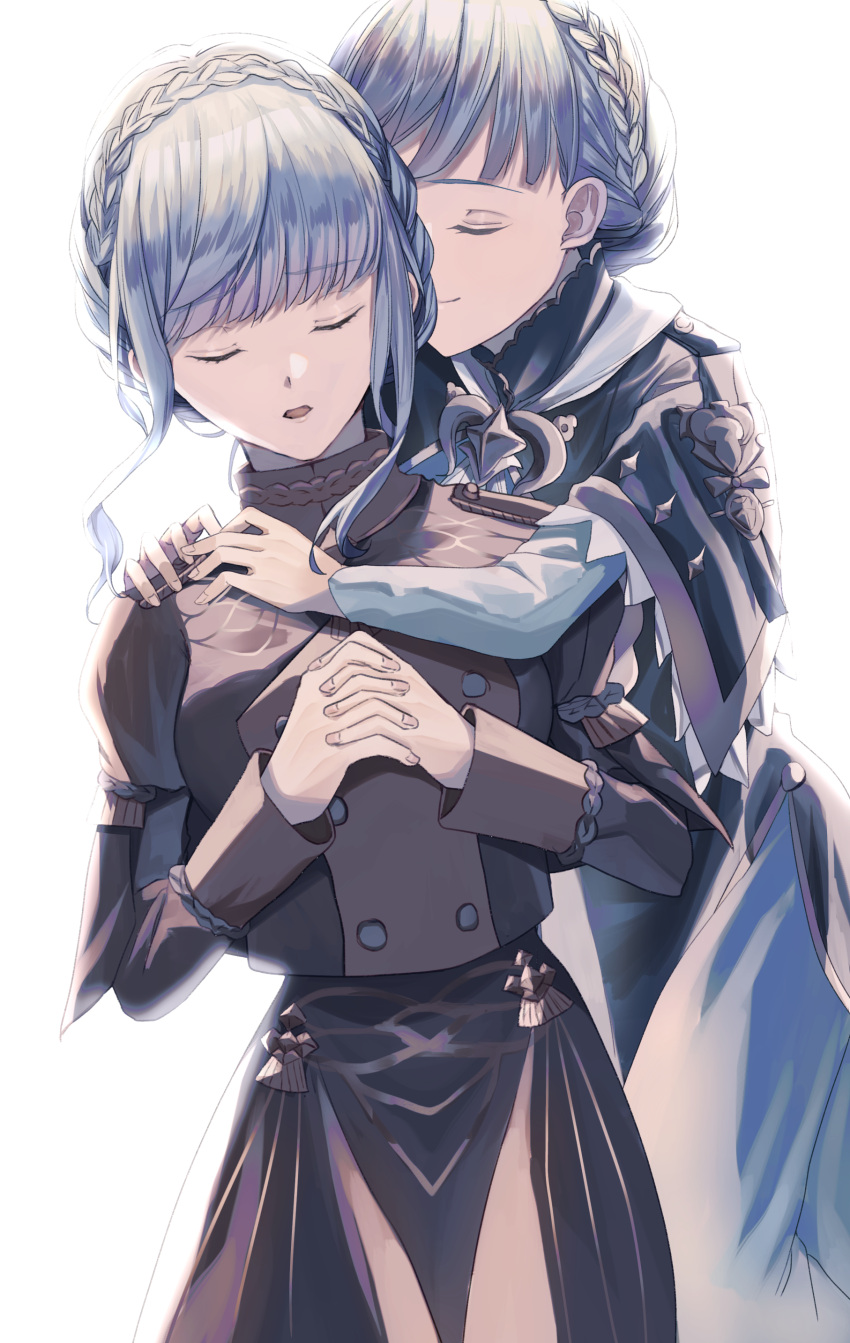 2girls absurdres age_difference bangs blue_dress blue_hair blunt_bangs braid buttons capelet closed_eyes closed_mouth commentary_request crown_braid dress fingernails fire_emblem fire_emblem:_three_houses garreg_mach_monastery_uniform height_difference highres hug long_sleeves marianne_von_edmund mo._(ntra5332) multiple_girls open_mouth own_hands_together short_hair sidelocks simple_background smile time_paradox uniform white_background