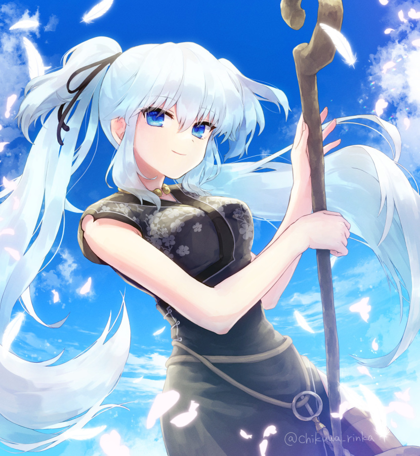 1girl bangs black_ribbon blue_eyes blue_pupils blue_sky breasts chikuwa_(rinka) closed_mouth clouds day dress eyelashes feathers fingernails floating_hair floral_print grey_dress hair_between_eyes hair_ribbon highres holding holding_staff jewelry mabinogi medium_breasts nao_(mabinogi) neck_ring outdoors print_dress ribbon sidelocks sky smile solo staff twintails white_feathers white_hair