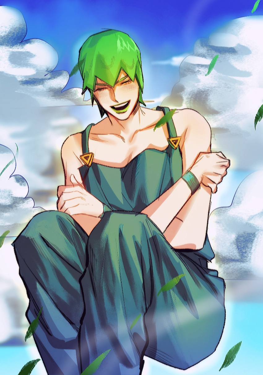 1girl bare_arms breasts closed_eyes clouds collarbone crossed_arms eyelashes foo_fighters green_hair green_lips highres jojo_no_kimyou_na_bouken josukemanura korean_commentary leaf lipstick makeup open_mouth outdoors short_hair sky smile solo stone_ocean teeth