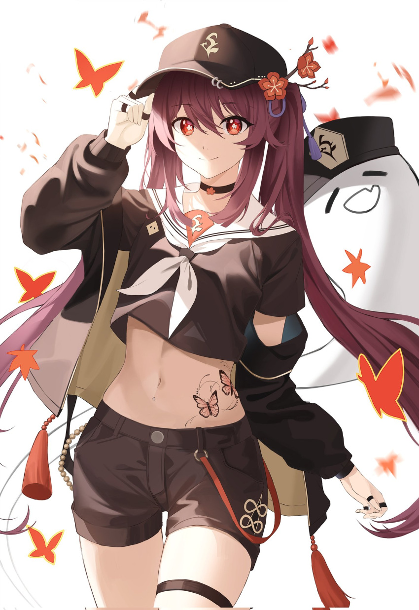 1girl alternate_costume arm_up baseball_cap black_choker black_headwear black_jacket black_shirt black_shorts boo_tao_(genshin_impact) brown_hair butterfly_tattoo choker cowboy_shot crop_top crop_top_overhang flower flower-shaped_pupils genshin_impact hair_flower hair_ornament hand_on_headwear hat highres hu_tao_(genshin_impact) jacket jewelry leaf long_hair long_sleeves looking_at_viewer maple_leaf midriff multiple_rings nacho_(nacho_1103) navel neckerchief off_shoulder open_clothes open_jacket plum_blossoms red_eyes ring sailor_collar shirt short_shorts short_sleeves shorts simple_background smile solo stomach stomach_tattoo symbol-shaped_pupils tassel tattoo thigh_strap thighs twintails very_long_hair white_background