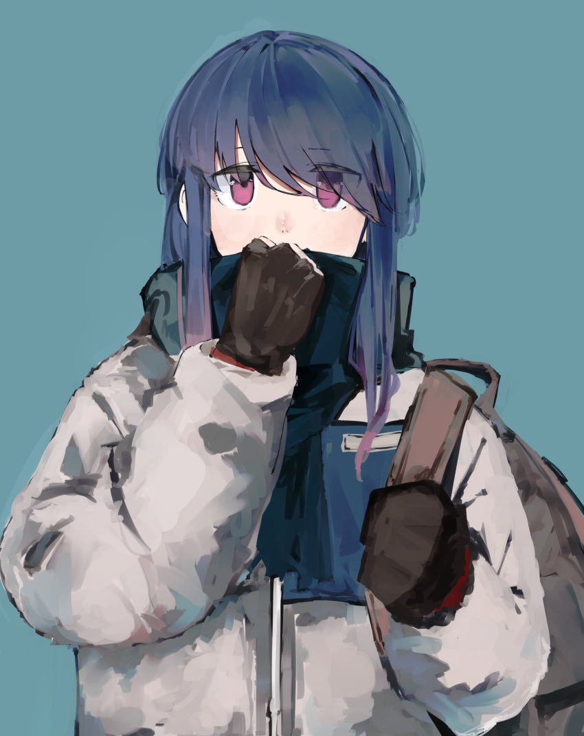 1girl absurdres adjusting_scarf backpack bag bangs black_gloves black_scarf blue_background blue_hair eyes_visible_through_hair gloves grey_jacket hair_over_one_eye hand_up highres holding holding_bag jacket leadin_the_sky long_bangs long_hair long_sleeves looking_at_viewer pink_eyes scarf shima_rin sidelocks simple_background solo swept_bangs translucent_hair upper_body violet_eyes winter_clothes yurucamp