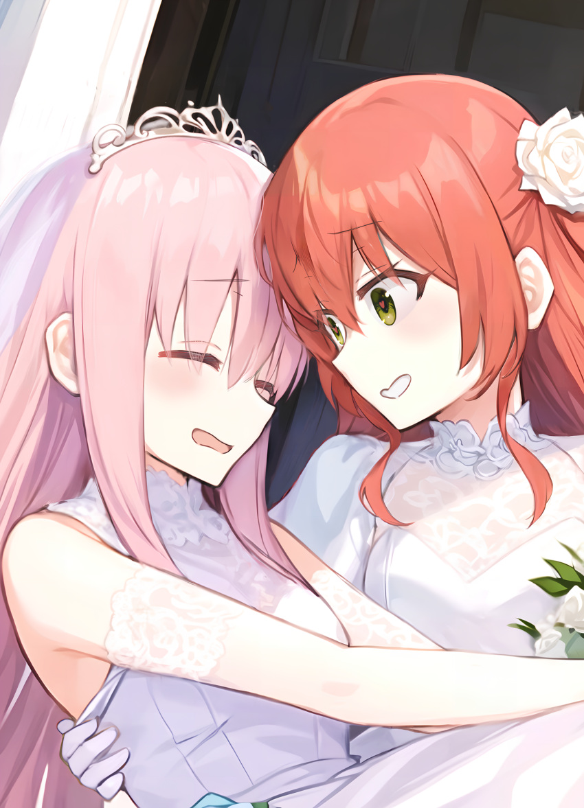 2girls ai-assisted blush bocchi_the_rock! bridal_veil carrying commentary_request dress flower gotou_hitori green_eyes hair_flower hair_ornament heart heart-shaped_pupils highres kadohusa_ginpo kita_ikuyo long_hair multiple_girls parted_lips pink_hair princess_carry redhead symbol-shaped_pupils tiara veil wedding wife_and_wife yuri