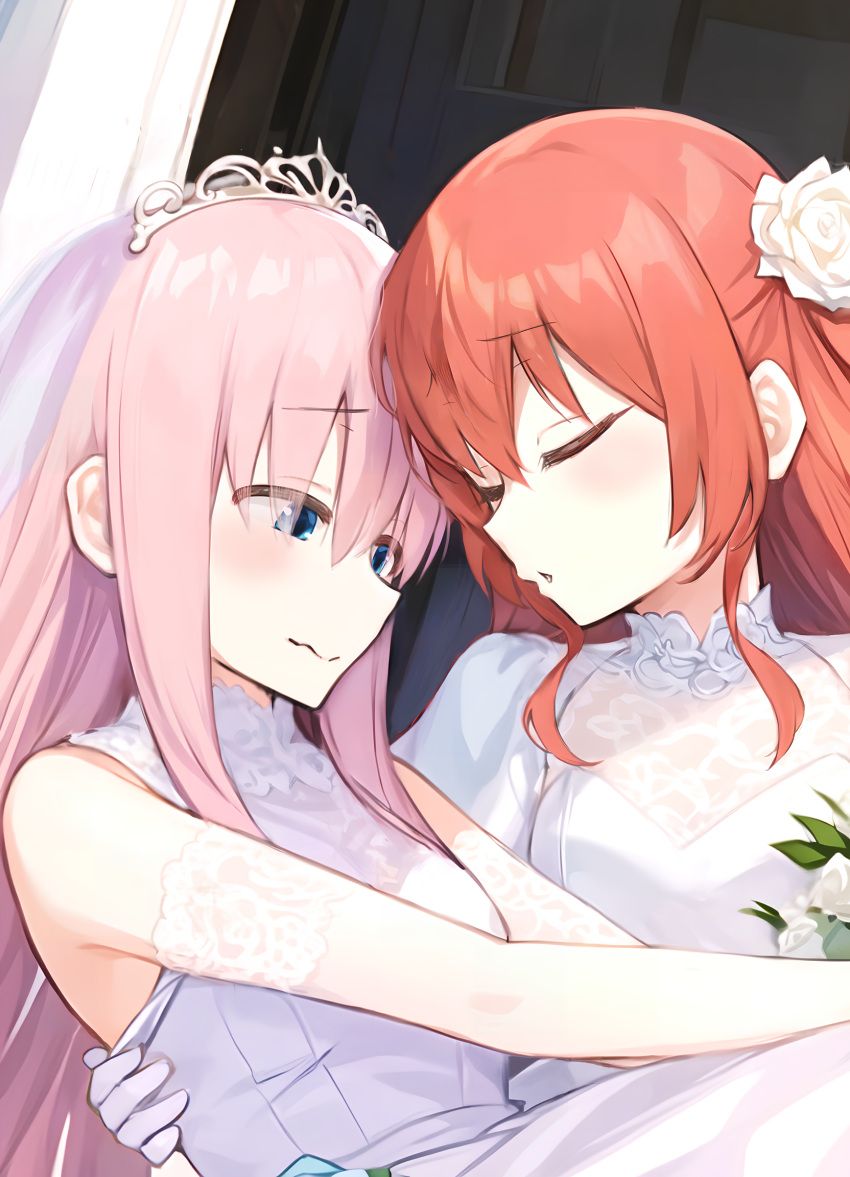 2girls ai-assisted blue_eyes bocchi_the_rock! bridal_veil carrying closed_eyes commentary_request dress flower gotou_hitori hair_flower hair_ornament highres kadohusa_ginpo kita_ikuyo long_hair multiple_girls pink_hair princess_carry redhead tiara veil wavy_mouth wedding wife_and_wife yuri