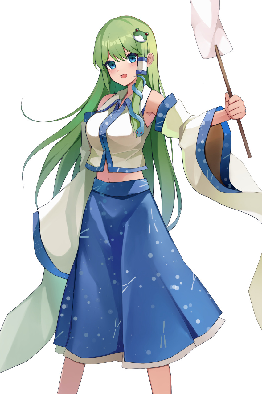 1girl absurdres armpit_peek blue_eyes blue_skirt breasts detached_sleeves frog_hair_ornament gohei green_hair hair_ornament hair_tubes highres holding holding_stick kochiya_sanae koizumo large_breasts long_hair midriff navel open_mouth simple_background skirt snake_hair_ornament solo stick touhou white_background wide_sleeves