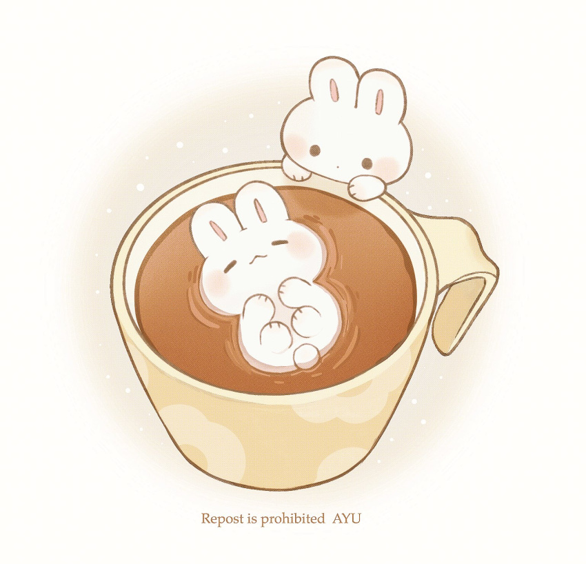 :&lt; :o afloat artist_name ayu_(mog) blush blush_stickers closed_eyes closed_mouth coffee commentary_request cup highres mug no_humans original rabbit simple_background smile solid_circle_eyes watermark white_background