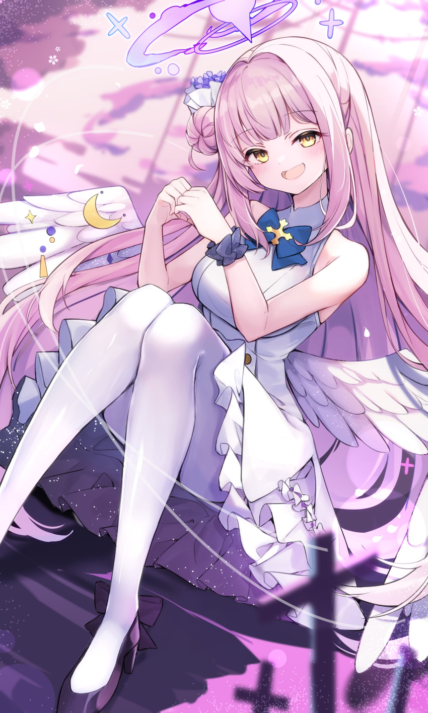 1girl absurdres angel angel_wings blue_archive breasts dress haidollo hair_bun halo highres large_breasts long_hair looking_at_viewer mika_(blue_archive) on_floor pantyhose pink_hair ribbon shoes single_hair_bun single_side_bun sitting smile smug solo white_dress white_pantyhose wings yellow_eyes