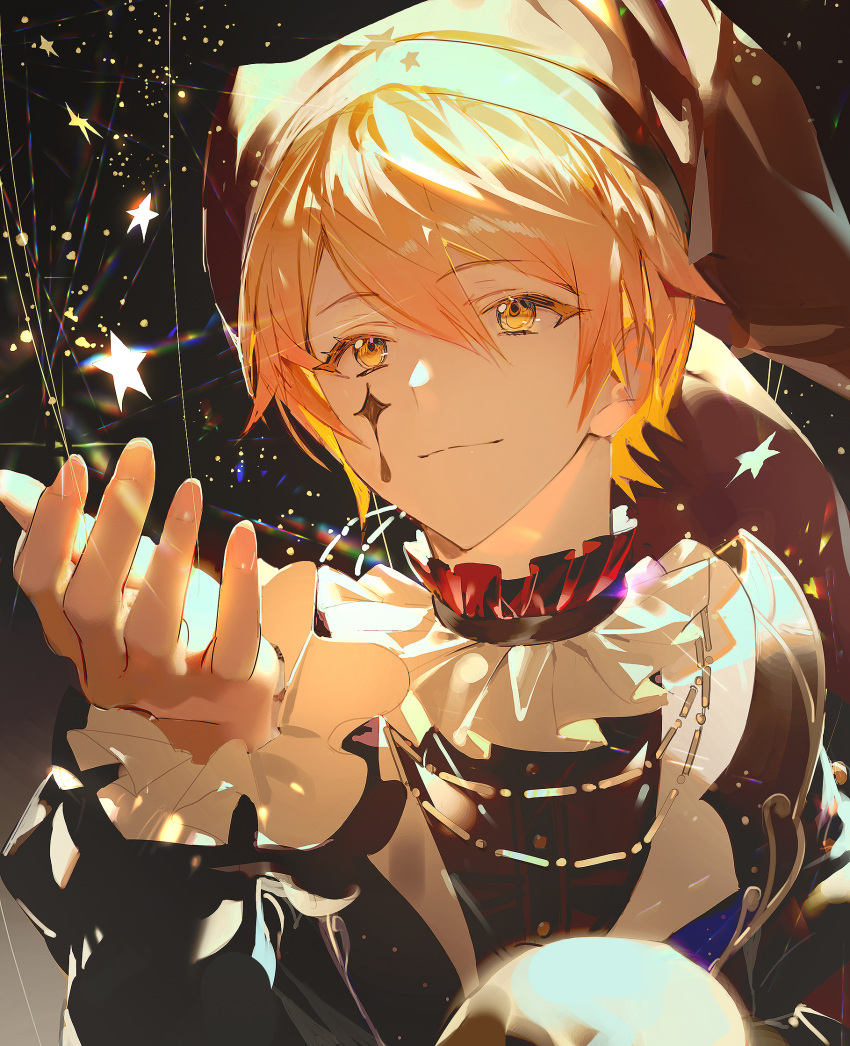 1boy blonde_hair commentary cupping_hand facial_mark formal frilled_sleeves frills glowing hair_between_eyes hat highres jester jester_cap light_smile looking_at_object male_focus official_alternate_costume project_sekai short_hair shycocoa solo star_(symbol) symbol-only_commentary ten_no_hate_no_phoenix_e_(project_sekai) tenma_tsukasa upper_body yellow_eyes