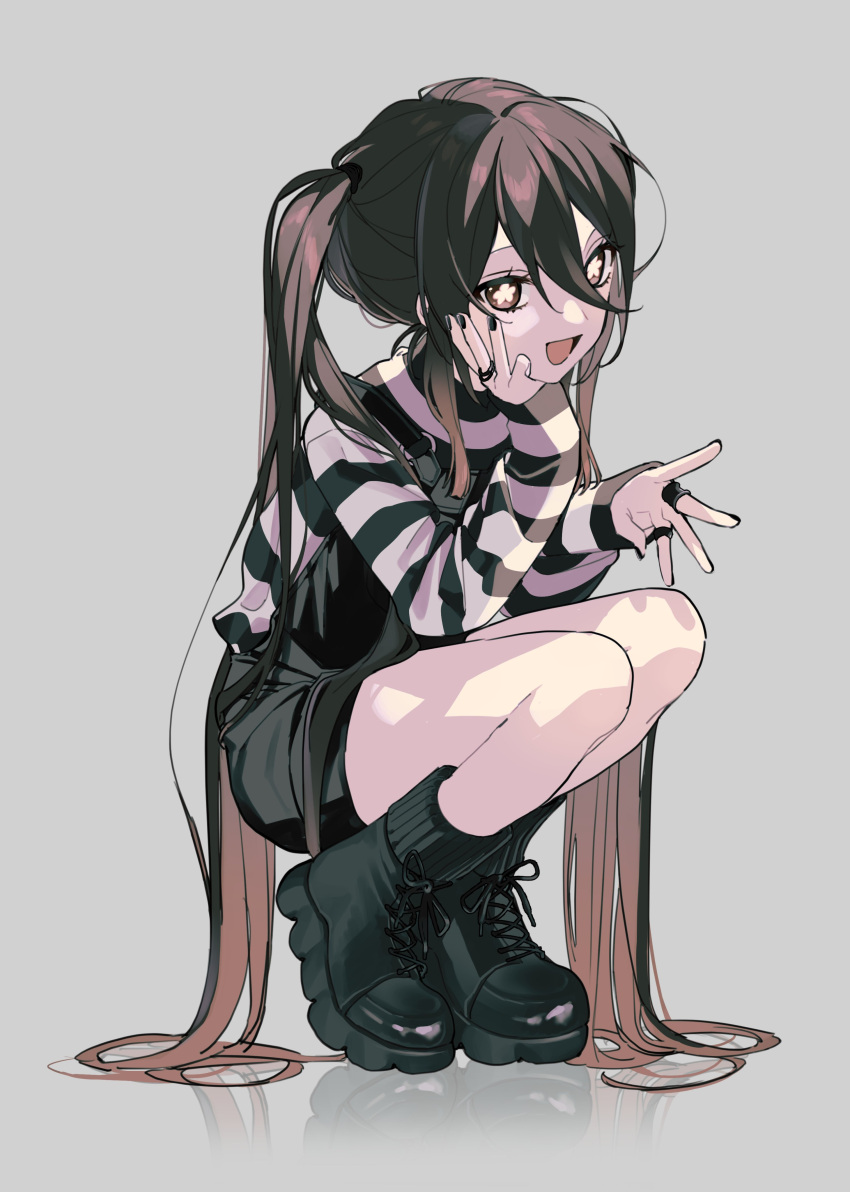 1girl absurdres alternate_costume bangs black_bow black_footwear black_hair black_nails black_shorts black_sweater boots bow brown_eyes brown_hair fingernails flower-shaped_pupils footwear_bow genshin_impact grey_background hair_between_eyes hand_on_own_face hands_up highres hu_tao_(genshin_impact) jewelry long_hair long_sleeves looking_at_viewer multicolored_hair nail_polish nenemm no_headwear open_mouth ring shorts simple_background smile solo striped striped_sweater sweater symbol-shaped_pupils tongue twintails two-tone_hair white_sweater