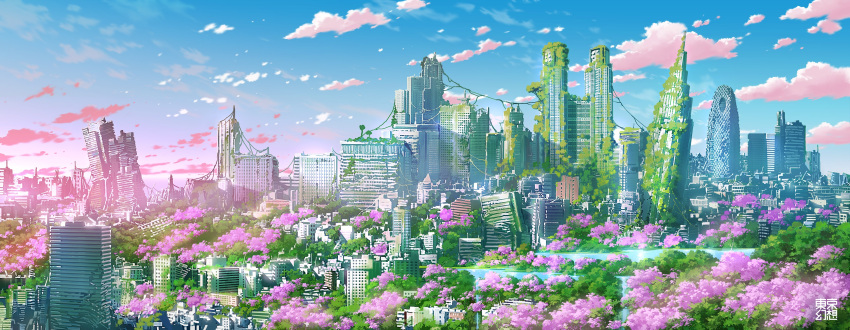 abandoned absurdres blue_sky building cherry_blossoms city clouds commentary_request highres lake nature no_humans original outdoors overgrown plant post-apocalypse ruins scenery sky skyscraper sunset tokyogenso vines water