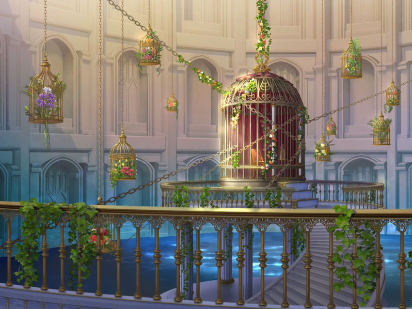 birdcage cage chain chair flower game_cg hanging ivy leaf no_humans pink_flower plant purple_flower railing red_flower scenery stairs third-party_source uta_no_prince-sama uta_no_prince-sama:_shining_live vines water white_flower yellow_flower