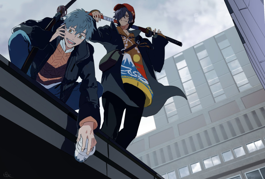 2boys :d bag baseball_cap black_hair black_jacket black_pants blue_hair blue_pants brown_eyes brown_hoodie brown_sweater building clouds cloudy_sky cup disposable_cup drawstring facial_hair fate/grand_order fate_(series) feet_out_of_frame hair_between_eyes hair_over_one_eye hat highres holding holding_cup holding_phone holding_sword holding_weapon hood hoodie jacket katana looking_at_viewer male_focus mount_fuji multiple_boys official_alternate_costume okada_izou_(fate) on_roof open_clothes open_jacket over_shoulder pants phone pirohi_(pirohi214) print_hoodie red_headwear saitou_hajime_(dream_portrait)_(fate) saitou_hajime_(fate) sheath sheathed shirt short_hair shoulder_bag sky smile squatting standing stubble sweater sword talking_on_phone teeth weapon weapon_over_shoulder white_shirt