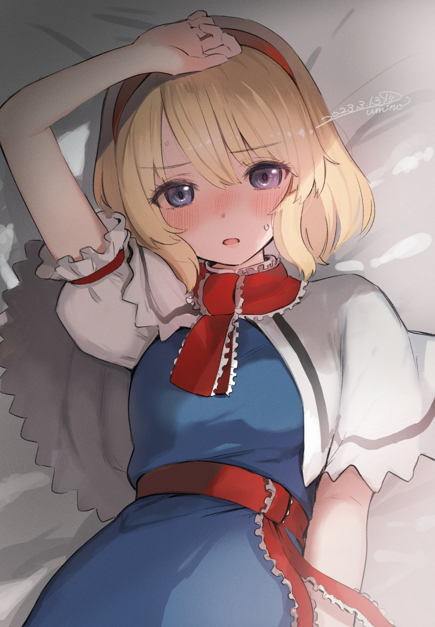 1girl alice_margatroid bangs bed_sheet blonde_hair blue_dress blue_eyes blush capelet dated dress frilled_sleeves frills hair_between_eyes hairband highres open_mouth red_hairband short_hair short_sleeves signature solo touhou umino_hotate upper_body white_capelet