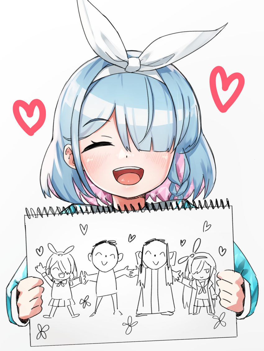 2girls 2others a.r.o.n.a_(blue_archive) ambiguous_gender arona's_sensei_doodle_(blue_archive) arona_(blue_archive) blue_archive blue_hair blush child's_drawing happy heart highres holding holding_hands holding_notepad hudeako multicolored_hair multiple_girls multiple_others notepad phrenapates_(blue_archive) pink_hair sensei_(blue_archive) smile white_background