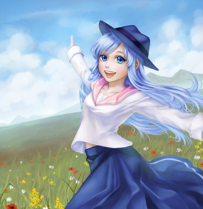1girl :d bangs blouse blue_eyes blue_hair blue_headwear blue_skirt blue_sky breasts clouds collarbone day eyelashes floating_hair flower grass hat highres jioko_(ckraud) light_blue_hair long_hair long_skirt long_sleeves looking_at_viewer lorna mabinogi mountain mountainous_horizon open_mouth outdoors outstretched_arms pink_sailor_collar red_flower sailor_collar shirt skirt sky small_breasts smile solo spread_arms swept_bangs teeth white_flower white_shirt yellow_flower