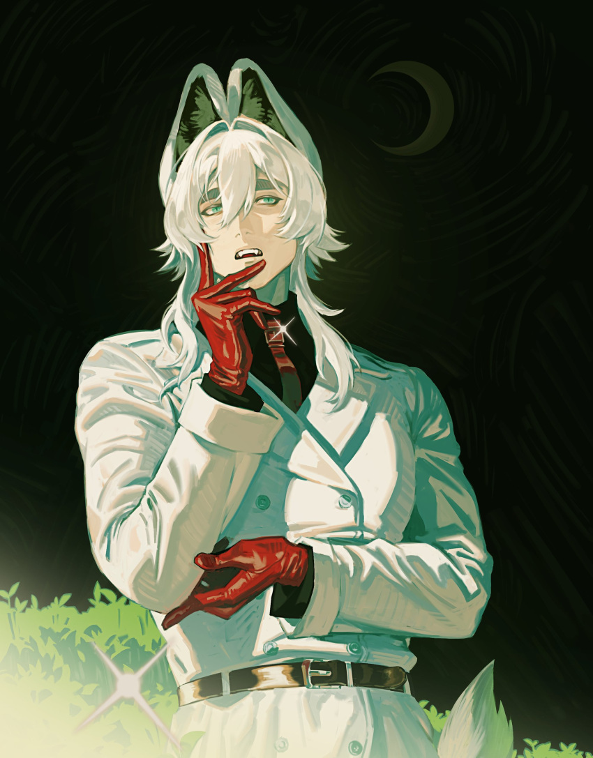 1boy absurdres animal_ears belt black_background black_belt black_shirt blue_eyes bush chinese_commentary coat collared_coat collared_shirt crescent_moon fangs gloves grey_tail hand_on_own_elbow hand_up highres long_hair long_sleeves looking_at_viewer male_focus messer33 moon necktie night night_sky open_mouth original plant red_gloves red_necktie shirt short_hair_with_long_locks sky slit_pupils solo standing tail thick_eyebrows trench_coat upper_body white_coat white_hair wolf_boy wolf_ears wolf_tail