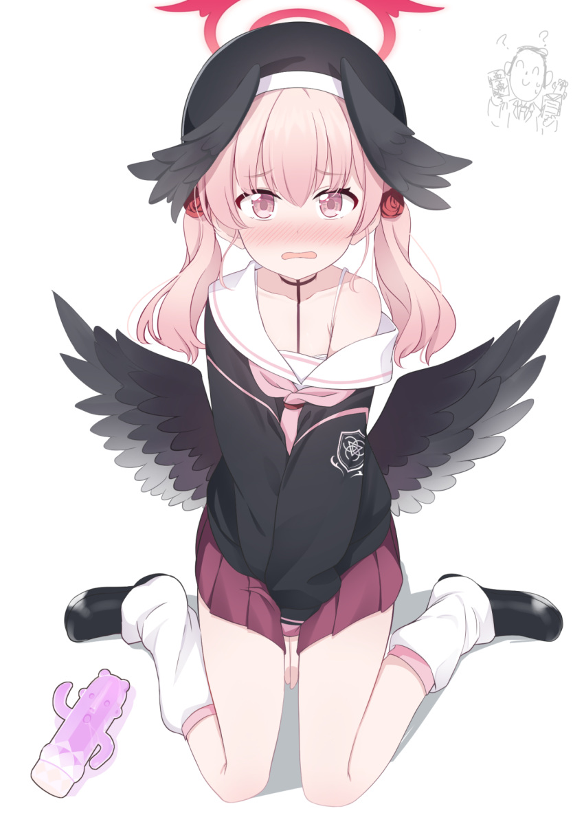 1boy 1girl angel_wings arona's_sensei_doodle_(blue_archive) bangs beret between_legs black_cardigan black_headwear black_wings blue_archive blush cardigan commentary_request embarrassed feathered_wings flower hair_between_eyes hair_flower hair_ornament halo hand_between_legs hat head_wings highres hoshino_ouka koharu_(blue_archive) loafers long_hair long_sleeves looking_at_viewer loose_socks low_wings miniskirt neckerchief open_mouth oversized_clothes pink_eyes pink_hair pink_neckerchief pleated_skirt rose sailor_collar school_uniform sensei_(blue_archive) serafuku shoes sidelocks simple_background skirt sleeves_past_wrists socks solo_focus statue thighs twintails white_background white_sailor_collar wings