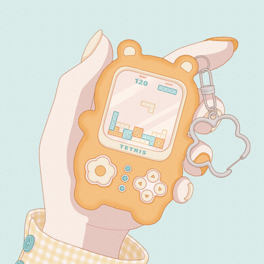 1girl blue_background buttons charm_(object) commentary_request fingernails handheld_game_console highres holding holding_handheld_game_console long_sleeves multicolored_nails nail_polish nekomaru0817 orange_nails original pastel_colors plaid pov pov_hands simple_background solo tetris yellow_nails