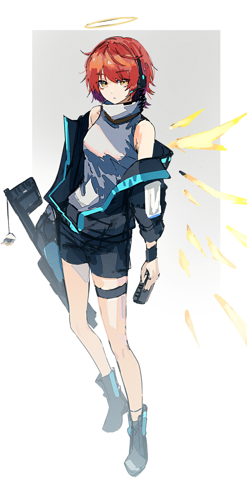 1girl absurdres arknights bare_shoulders black_footwear black_jacket black_shorts boots detached_wings exusiai_(arknights) exusiai_(midnight_delivery)_(arknights) full_body grab_pigeon gun halo highres holding holding_gun holding_weapon jacket kriss_vector off_shoulder official_alternate_costume orange_eyes parted_lips redhead shirt short_hair shorts sleeveless sleeveless_shirt solo submachine_gun weapon white_shirt wings