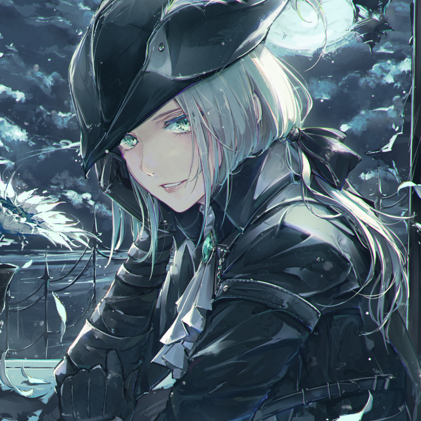 1girl aqua_eyes black_cloak black_gloves bloodborne bow cloak clouds cloudy_sky fuunyon gloves hair_bow hat highres jewelry lady_maria_of_the_astral_clocktower long_hair looking_at_viewer moon night parted_lips pendant sky solo tricorne white_hair