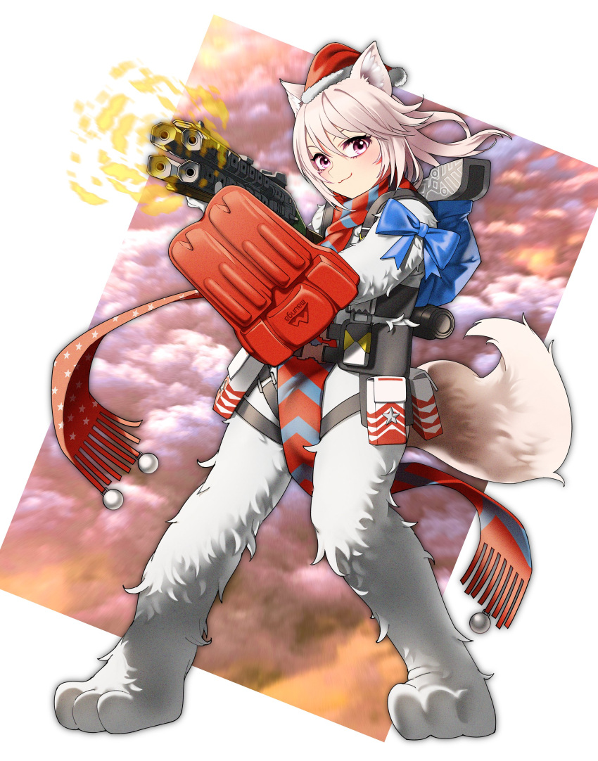 1girl :3 absurdres anemia_kwus animal_costume animal_ear_fluff animal_ears apex_legends bear_costume blue_bow bow brudda_bear_gibraltar cat_ears cat_girl cat_tail commission cosplay energy_gun floating_hair fur-trimmed_headwear gibraltar_(apex_legends) gibraltar_(apex_legends)_(cosplay) gun hat highres hinano_aki holding holding_gun holding_weapon indie_virtual_youtuber long_hair looking_at_viewer peacekeeper_(shotgun) pink_hair pom_pom_(clothes) red_headwear red_scarf santa_hat scarf shotgun skeb_commission smile solo striped striped_scarf tail violet_eyes virtual_youtuber weapon