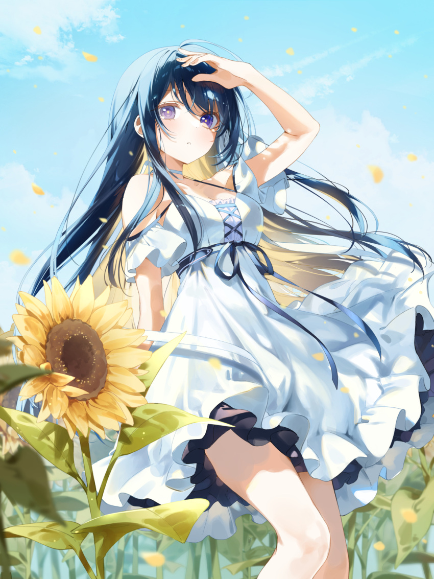 1girl a20_(atsumaru) black_hair blue_sky breasts copyright_request detached_sleeves dress field flower flower_field halter_dress halterneck highres long_hair looking_at_viewer medium_breasts parted_lips petals shading_eyes sky solo standing sunflower thighs very_long_hair violet_eyes white_dress