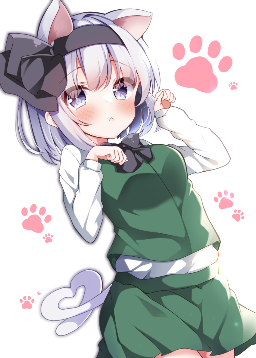 1girl :&lt; animal_ears bangs black_bow black_hairband black_ribbon blue_eyes blush bow breasts cat_day cat_ears cat_tail closed_mouth commentary_request cowboy_shot eyes_visible_through_hair green_skirt green_vest hair_between_eyes hair_ribbon hairband heart heart_tail highres konpaku_youmu long_sleeves looking_at_viewer miniskirt paw_pose paw_print paw_print_background ribbon shirotsuki_shirone shirt short_hair simple_background skirt small_breasts solo tail touhou vest white_background white_hair white_shirt