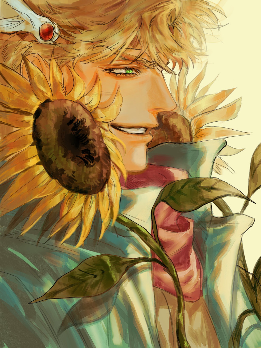 1boy battle_tendency blonde_hair caesar_anthonio_zeppeli feather_hair_ornament feathers flower green_eyes hair_ornament headband highres jojo_no_kimyou_na_bouken josukemanura korean_commentary looking_to_the_side male_focus profile scarf short_hair smile solo sunflower teeth triangle_print yellow_flower