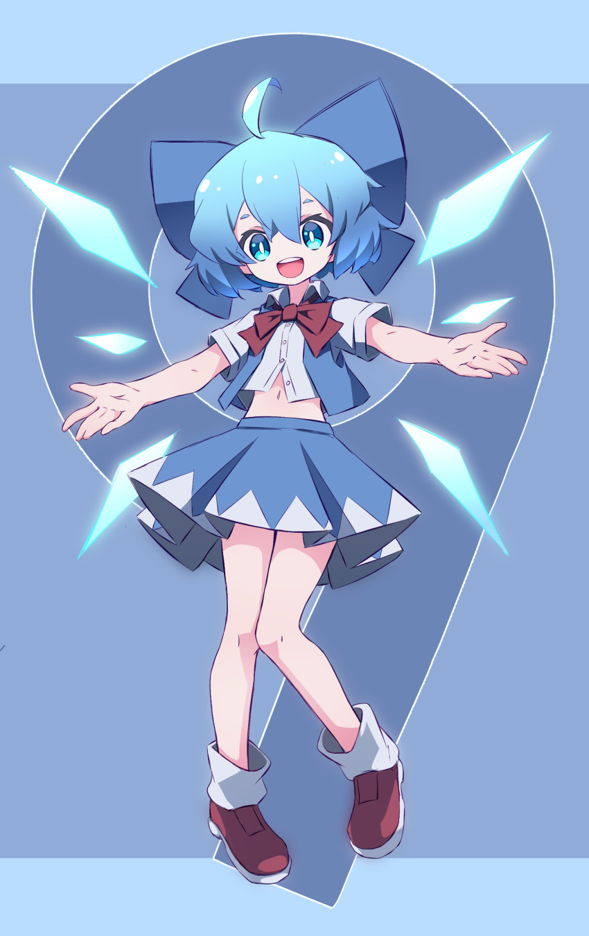 1girl absurdres ahoge bangs blue_bow blue_eyes blue_hair blue_skirt blue_vest bow cirno collared_shirt detached_wings fairy full_body hair_between_eyes hair_bow highres ice ice_wings mr.turtle_head one-hour_drawing_challenge open_clothes open_mouth open_vest pleated_skirt red_footwear shirt shoes short_hair skirt smile solo teeth touhou upper_teeth_only vest white_shirt wings