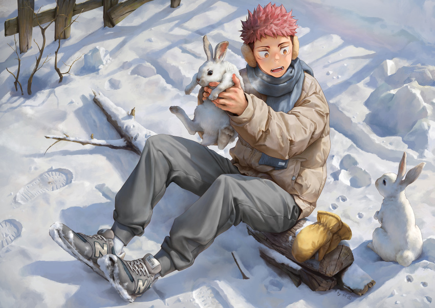 1boy beitemian blue_scarf coat earmuffs fence footprints gloves highres itadori_yuuji jujutsu_kaisen pink_hair rabbit scarf snow winter winter_clothes winter_coat wooden_fence yellow_gloves