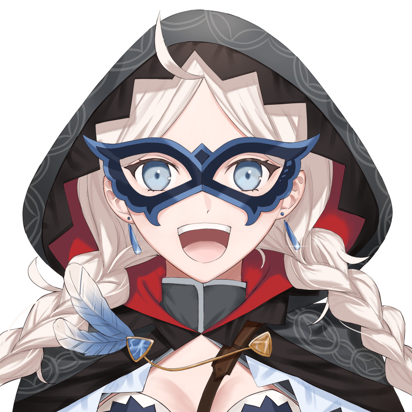 1girl absurdres ahoge bangs blue_eyes braid brooch chain commission commissioner_upload crystal_earrings earrings feathers fire_emblem fire_emblem_fates fire_emblem_heroes gold_chain highres hood jewelry low_twin_braids nina_(fire_emblem) nina_(thief)_(fire_emblem) non-web_source open_mouth parted_bangs portrait raikotoki smile teeth turtleneck twin_braids upper_teeth_only white_hair