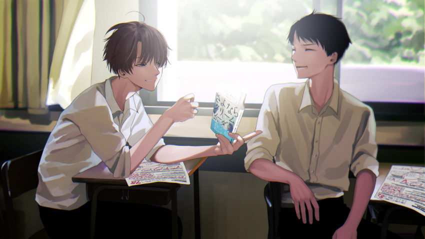 2boys bad_id bad_twitter_id black_hair black_pants brown_hair chair classroom closed_eyes collared_shirt curtains desk highres honnryou_hanaru indoors looking_at_another male_focus manga_(object) multiple_boys original pants parted_lips school_chair school_desk shirt short_hair sitting sleeves_rolled_up smile sunlight test_score_(paper) white_shirt window