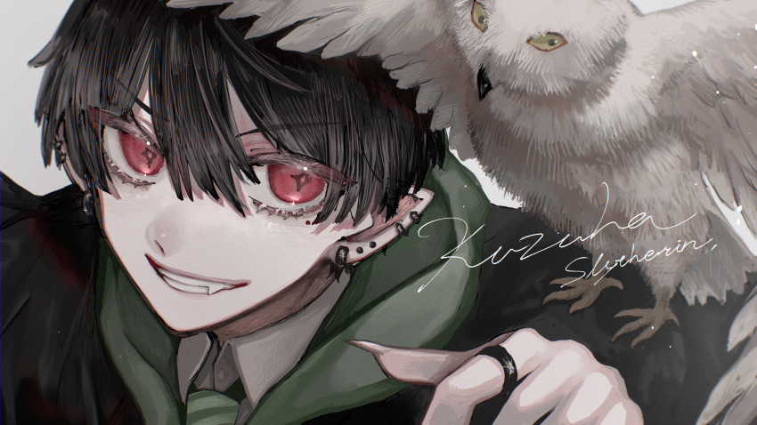 1boy absurdres animal_on_shoulder bird bird_on_shoulder black_hair cloak collared_shirt ear_piercing green_necktie harry_potter_(series) highres kuzuha_(nijisanji) long_sleeves looking_at_viewer male_focus mole mole_under_eye necktie nijisanji owl piercing pointy_ears red_eyes shirt slytherin smile solo teeth urara_(sia8artchu) virtual_youtuber white_shirt