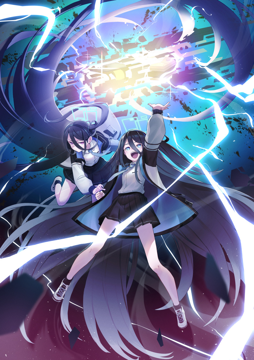&lt;key&gt;_(blue_archive) 2girls absurdres aris_(blue_archive) arm_up black_hair black_hairband black_jacket black_skirt blue_archive blue_eyes blue_jacket blue_necktie collared_shirt commentary_request dual_persona glowing hair_between_eyes hairband highres jacket light_particles lightning long_hair long_sleeves looking_up multicolored_clothes multicolored_jacket multiple_girls necktie one_side_up open_clothes open_jacket open_mouth rakura_(rakurax) shirt shirt_tucked_in shoes skirt sneakers spoilers two-sided_fabric two-sided_jacket very_long_hair violet_eyes white_footwear white_jacket white_shirt wide_shot