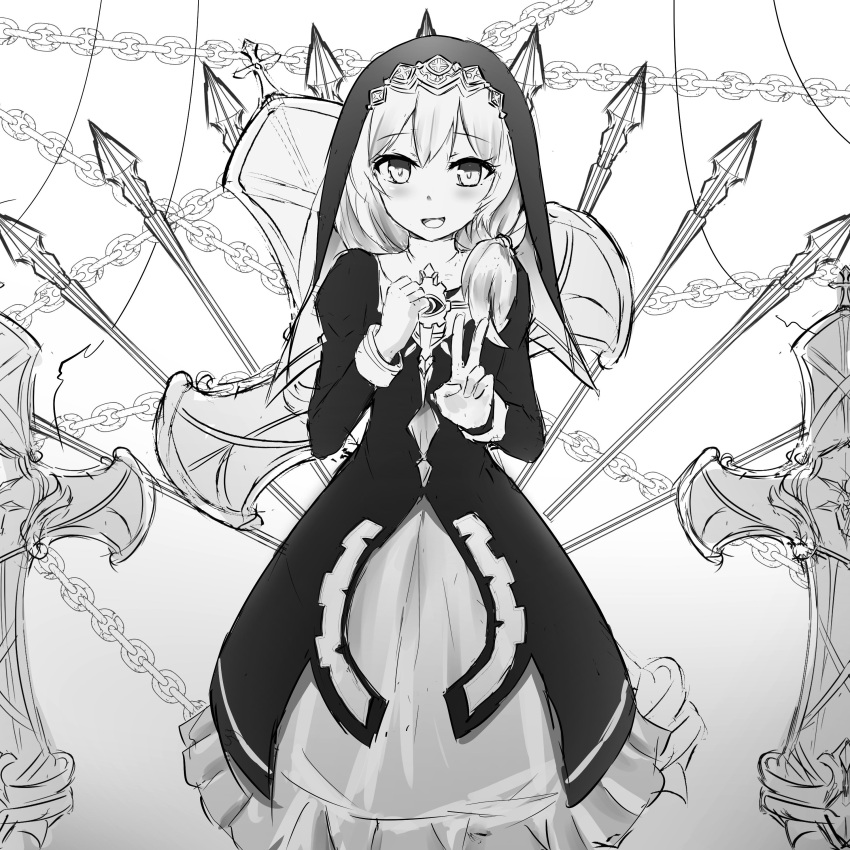 1girl :d absurdres bangs commentary danraz0r dress english_commentary frilled_dress frills gradient_background grey_background greyscale habit hands_up highres honkai_(series) honkai_impact_3rd juliet_sleeves long_sleeves looking_at_viewer monochrome puffy_sleeves smile solo theresa_apocalypse v veil white_background